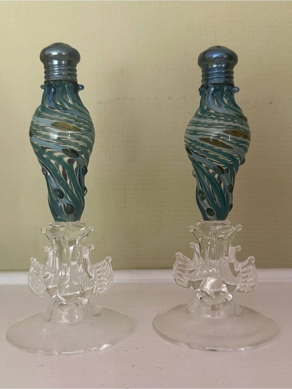 Signed 1999 Gazelle Studio Art Glass Hand-Blown Swirl Salt & Pepper Shakers 5”